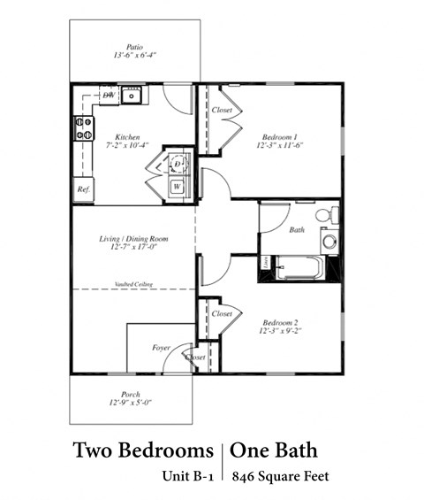 Floor plan for 1 bed, 1 bath, 613 sqft